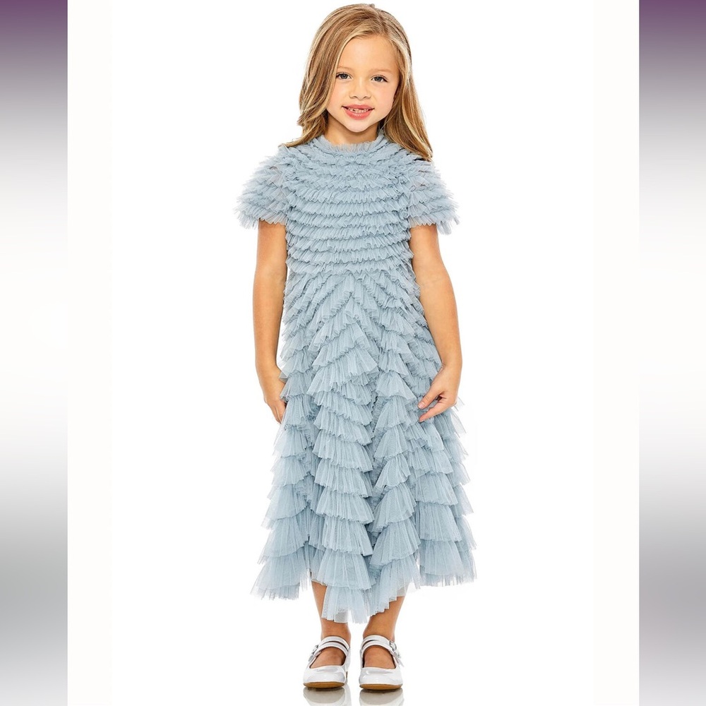 NWT $498 MAC DUGGAL GIRLS A LINE RUFFLED TIERED CHIFFON SHORT SLEEVE LONG MAXI